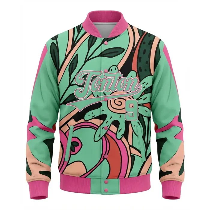 Front view of tonton psychedelic floral custom jacket with vibrant green, pink, and teal patterns.