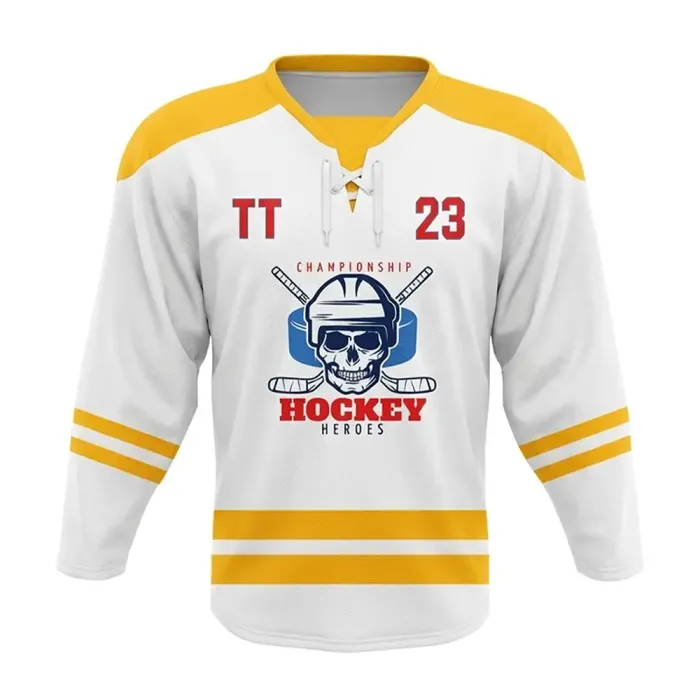 tonton white and yellow custom professional game ice hockey jersey front view with skull and crossed sticks logo