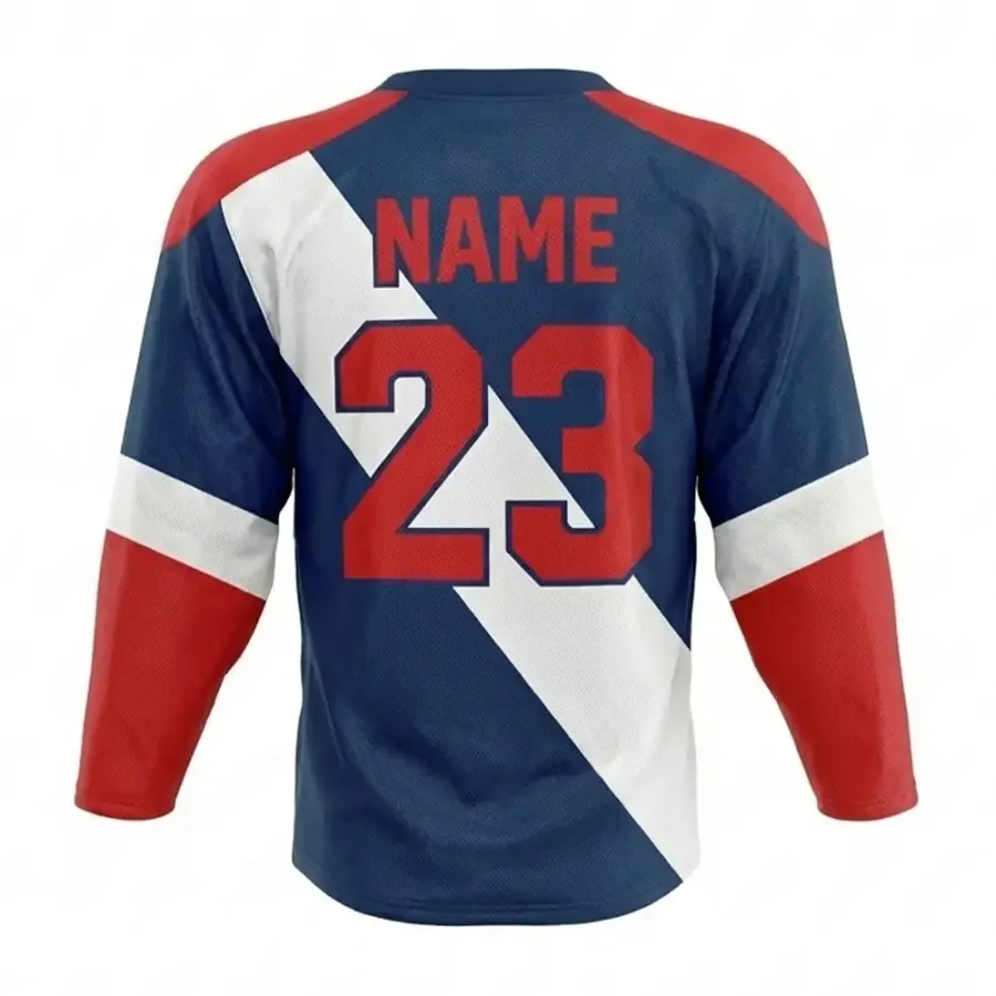 TONTON-Sublimations-Hockeytrikot – Ligatrikot in Marineblau und Rot mit diagonalem Streifenmuster