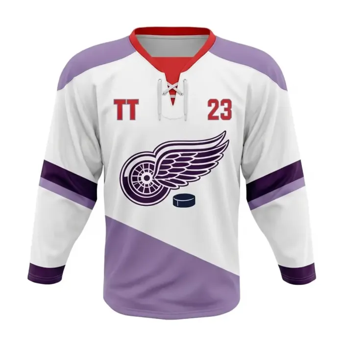 tonton custom professional game ice hockey jersey front view white and purple diagonal split with winged wheel logo
