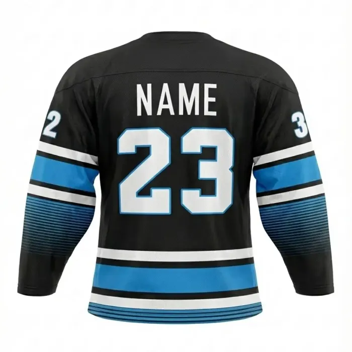 tonton black and light blue custom goalie ice hockey jersey back view featuring personalized number 23