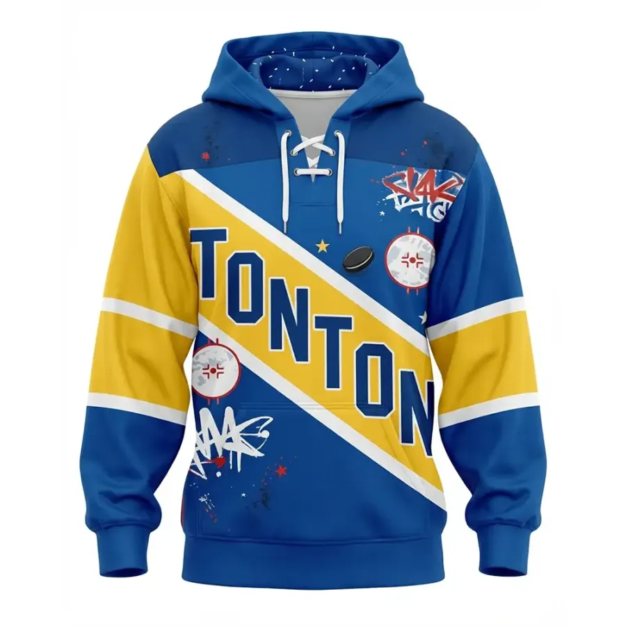 TONTON Bold Blau-Gelb Diagonalmuster-Hockey-Hoodie – Hochsichtbare Performance-Trainingskleidung für außerhalb des Eises