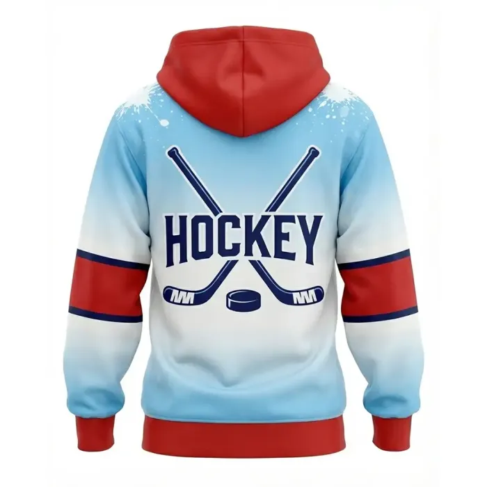 tonton custom hockey hoodie back view in light blue cloud pattern with crossed sticks athletic wear