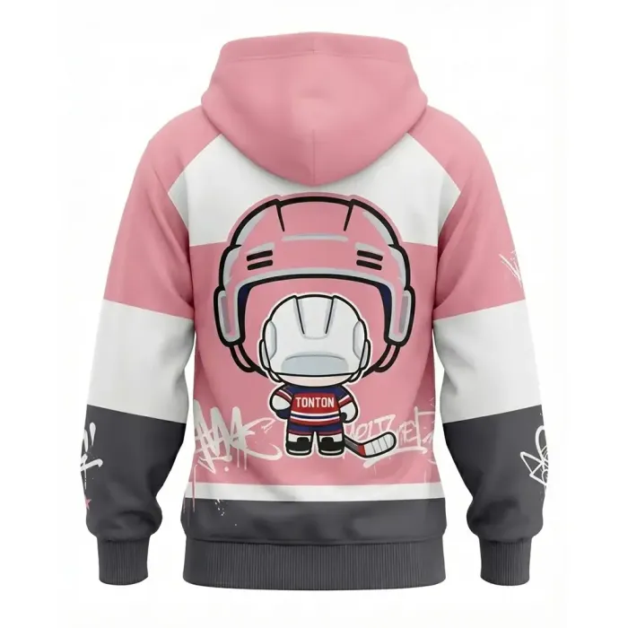 tonton custom hockey hoodie back view in pink and grey showing back of cartoon player