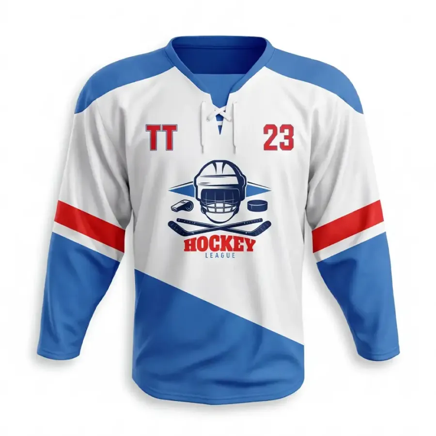 TONTON-Profihockeytrikot – Klassisches weiß-blau gestreiftes Spieltrikot mit Schnürung