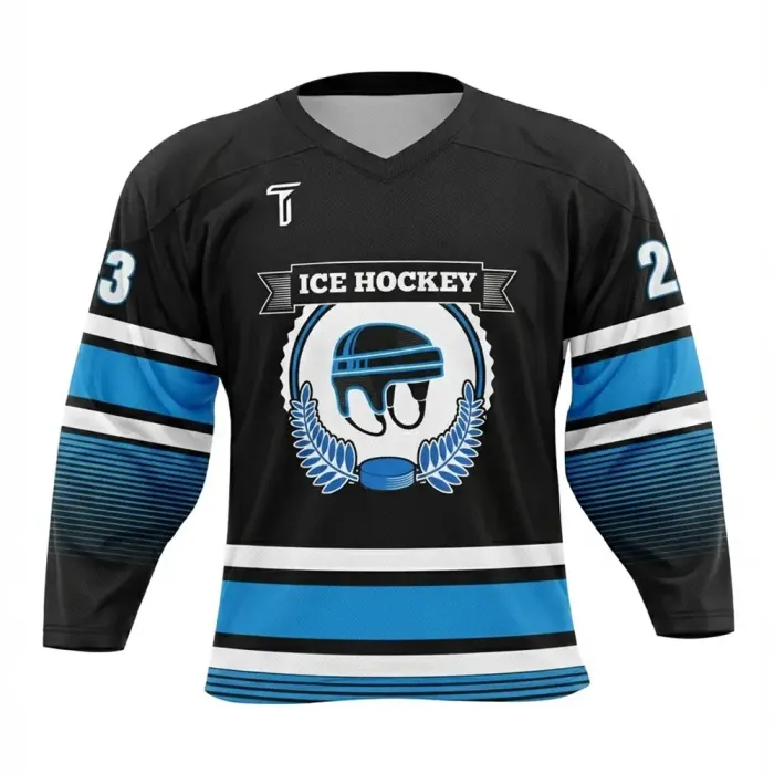 tonton black custom goalie cut hockey jersey front view with light blue horizontal stripes and helmet graphic