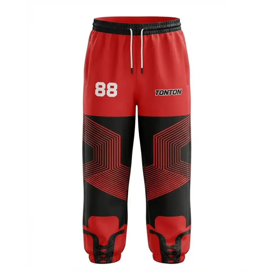 TONTON Professional Hockey-Jogger in Rot und Schwarz mit hexagonalem Muster – Hochleistungs-Off-Ice-Bekleidung