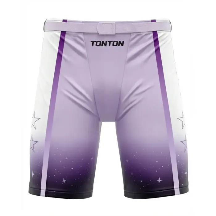 tonton purple gradient custom hockey shell pants front view with night sky and stars motif