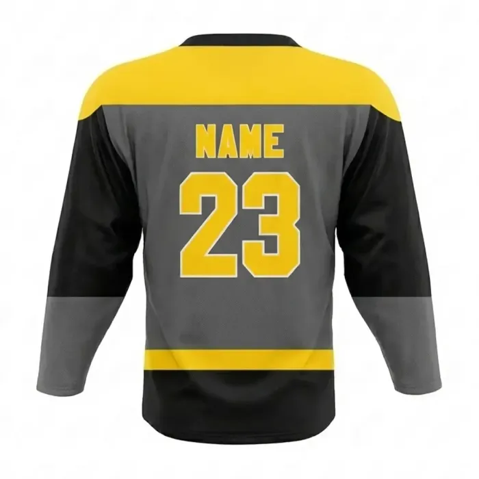 tonton black and yellow custom professional game hockey jersey back view featuring gold custom name and number