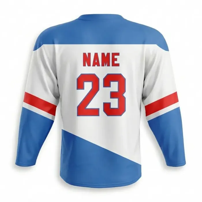 tonton white and royal blue custom professional game hockey jersey back view displaying team name and number 23