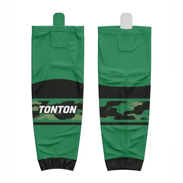 tonton green custom sublimated hockey socks front view with black camo stripe