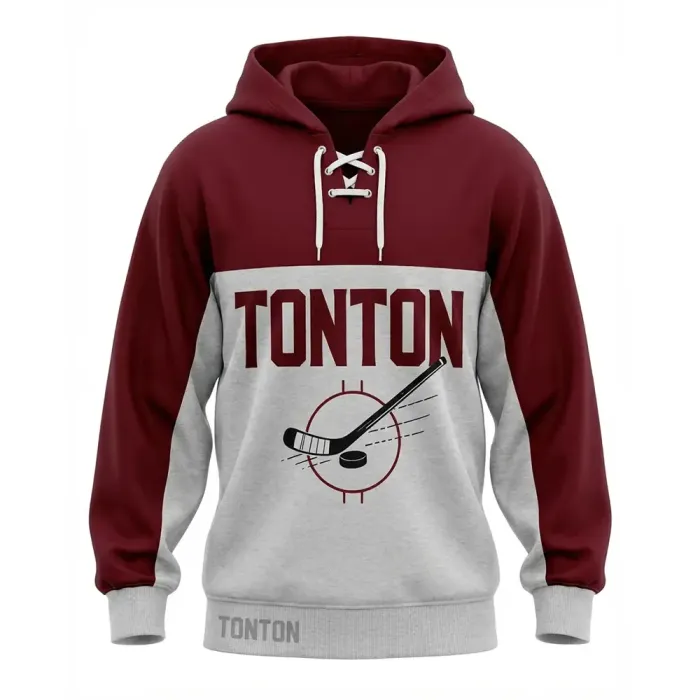 tonton burgundy and grey custom hockey hoodie front view with hockey stick and puck design