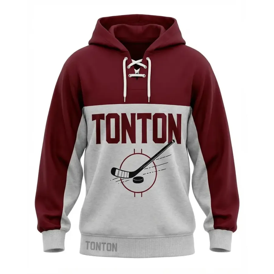 TONTON-Maroon- und Grau-kontrastierende Hockey-Hoodie – professionelle sublimierte Teamwear mit Skate-Lace-Design