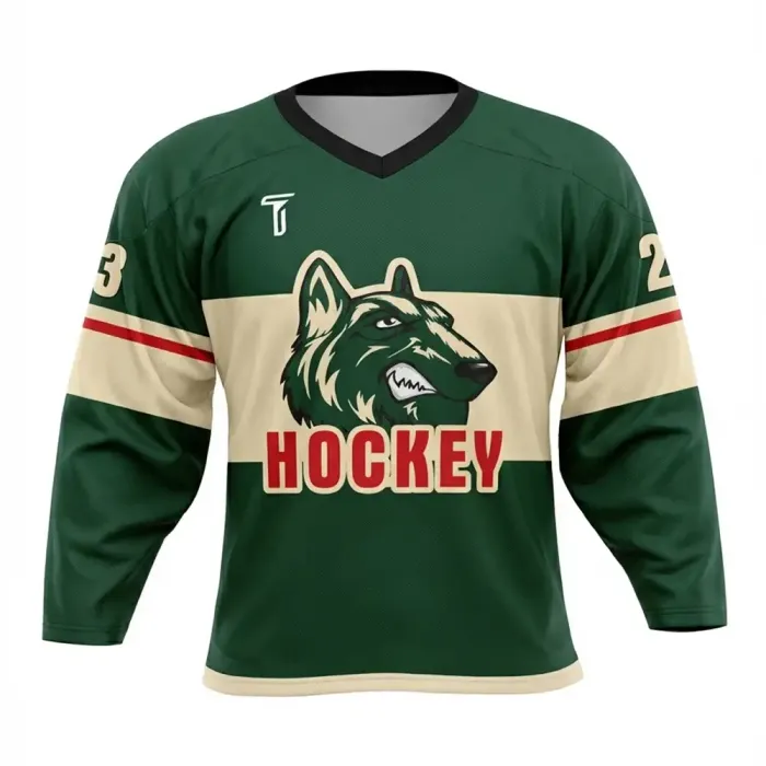 tonton forest green custom goalie cut jersey front view featuring beige stripes and aggressive wolf head logo