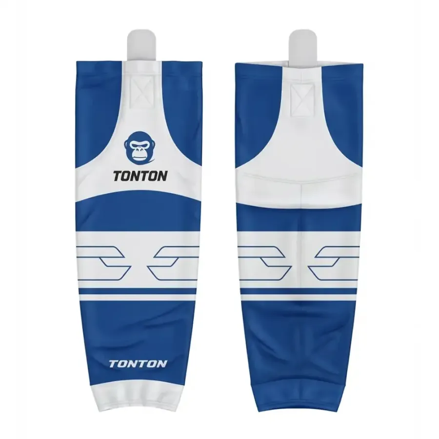 TONTON-Blau-Weiß-Gorilla-Maskottchen-Hockeysocken – individuelle, sublimierte Team-Spirit-Ausrüstung