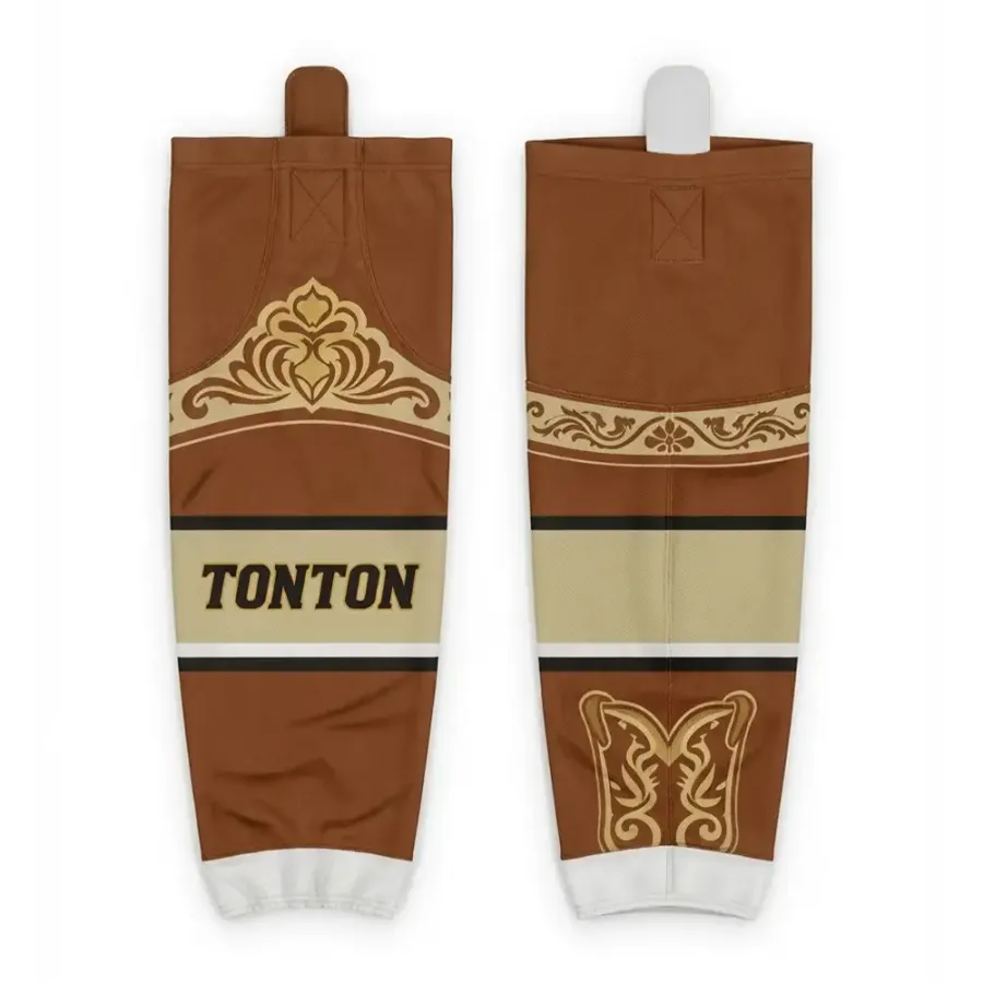 TONTON-Vintage-Hockey-Socken in Braun und Gold mit Scroll-Muster – Retro-Stil, sublimiert