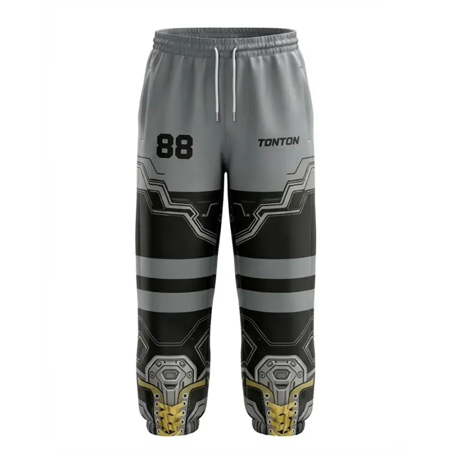 TONTON Graue Hockey-Jogger mit mechanischem Rüstungsmuster – Technische, sublimierte Trainingshose fürs Off-Ice-Training