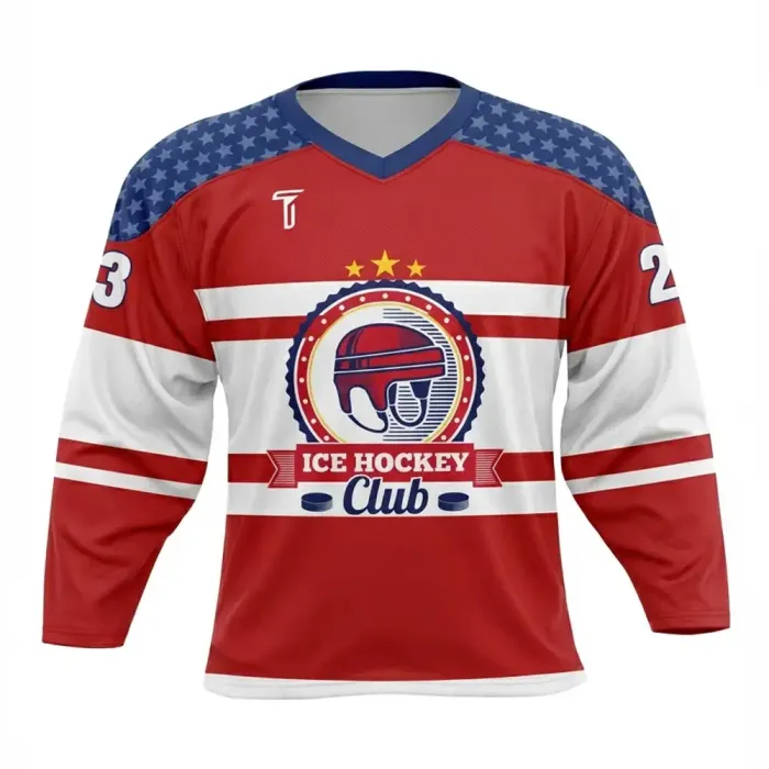 tonton stars and stripes custom goalie cut hockey jersey front view with american flag theme and club logo