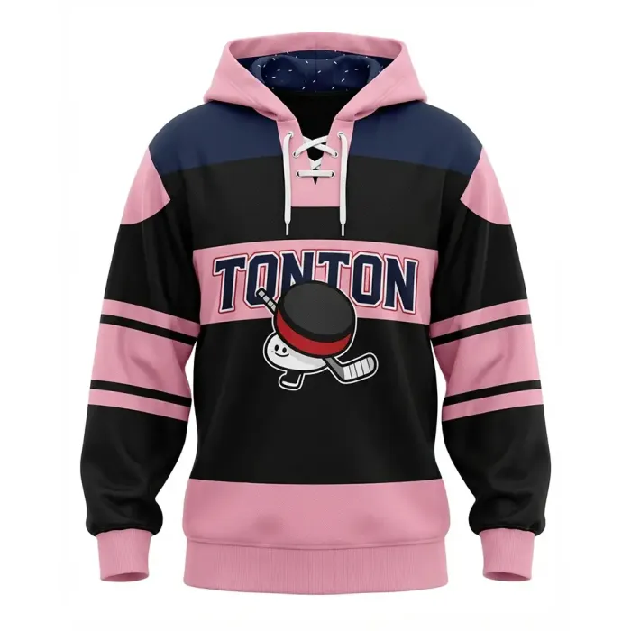 tonton black and pink custom hockey hoodie front view with cute cartoon puck graphic sportswear