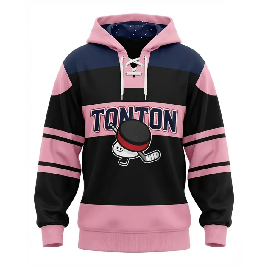 TONTON-Pink-schwarzer Retro-Streifen-Hockey-Hoodie – Lebendiger sublimierter Skate-Lace-Hoodie