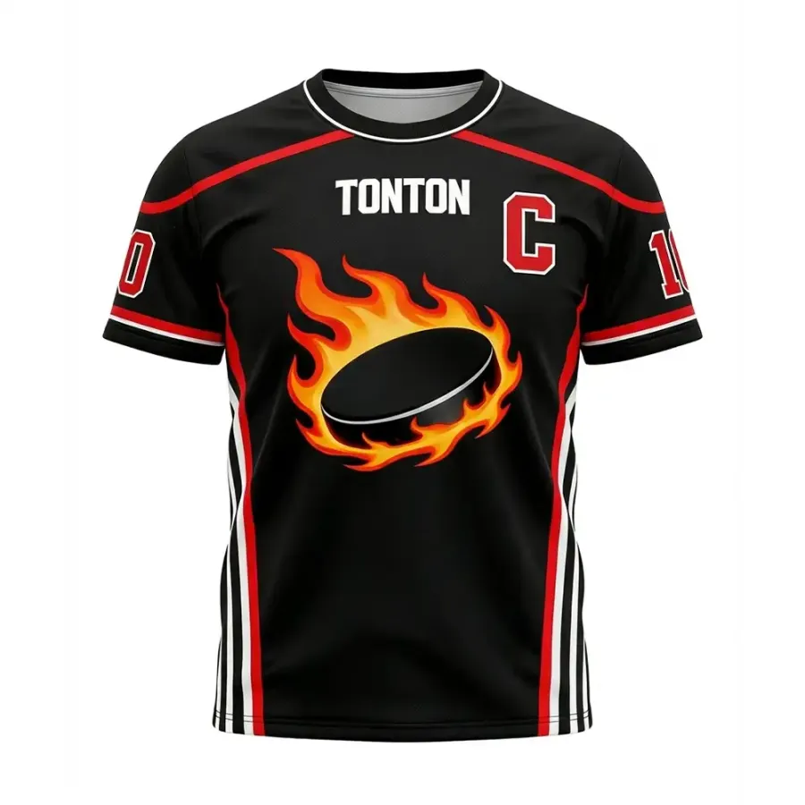 TONTON individuelles Flaming-Puck-Hockey-Trainings-Shirt – Schwarzes Performance-Off-Ice-T-Shirt