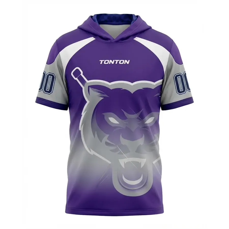 TONTON Fierce Panther-Maskottchen-Hockey-Hoodie – lila-graue sublimierte Off-Ice-Trainingsbekleidung
