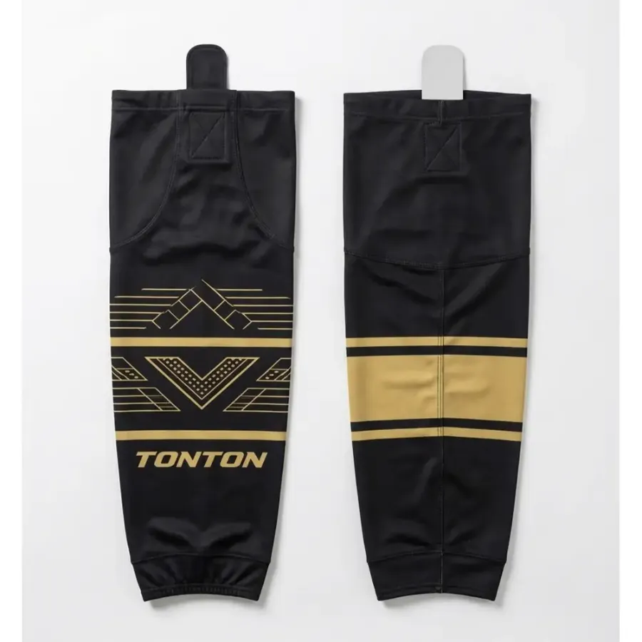 TONTON Premium-Hockeysocken in Schwarz und Gold mit geometrischem Muster – luxuriöse sublimierte Team-Ausrüstung