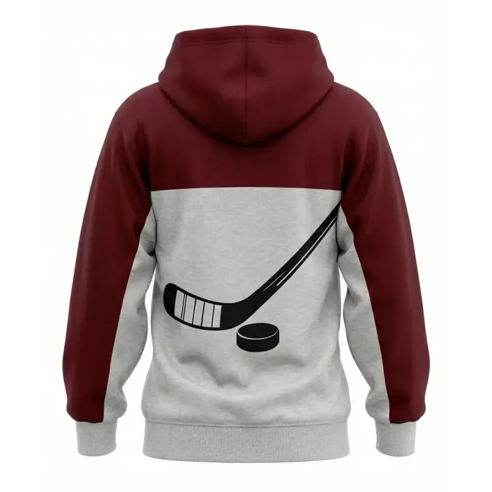 tonton custom hockey hoodie back view in burgundy and grey featuring large stick and puck graphic