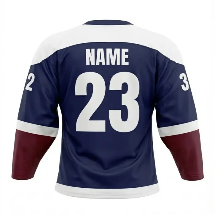 tonton navy and burgundy custom goalie ice hockey jersey back view displaying custom name and player number