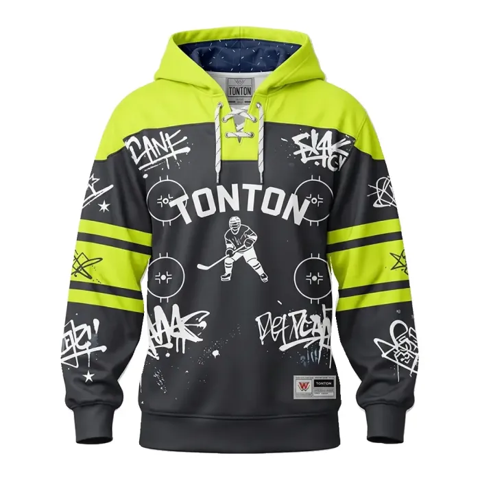 tonton custom hockey hoodie front view in black and neon green with street graffiti and player silhouette