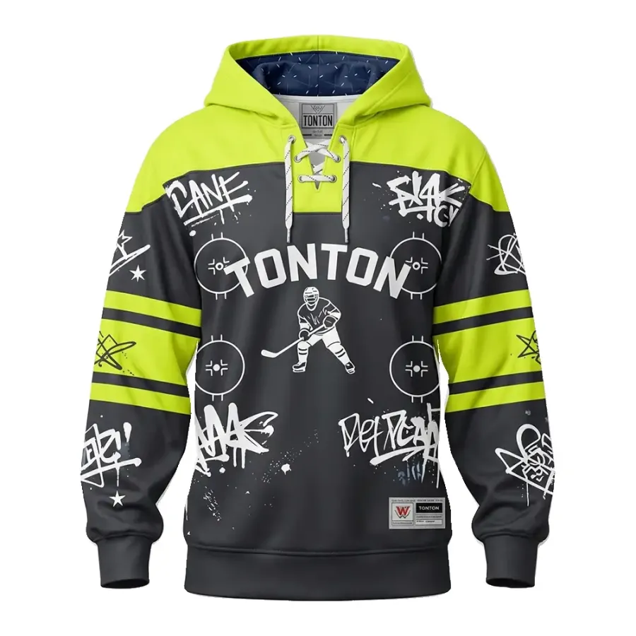 TONTON Custom Neon-Grün-Graffiti-Eishockey-Hoodie – sublimierter Skate-Lace-Off-Ice-Streetwear