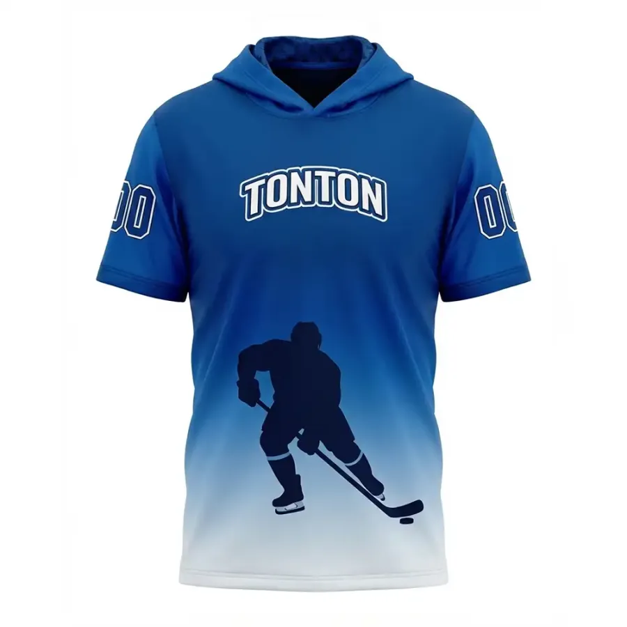 TONTON Moderner blauer Gradient-Hockey-Hoodie – Action-Silhouette-Trainingsshirt mit kurzen Ärmeln