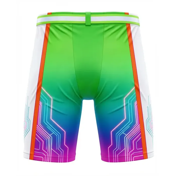 tonton custom hockey shell pants back view with green and blue tech gradient design