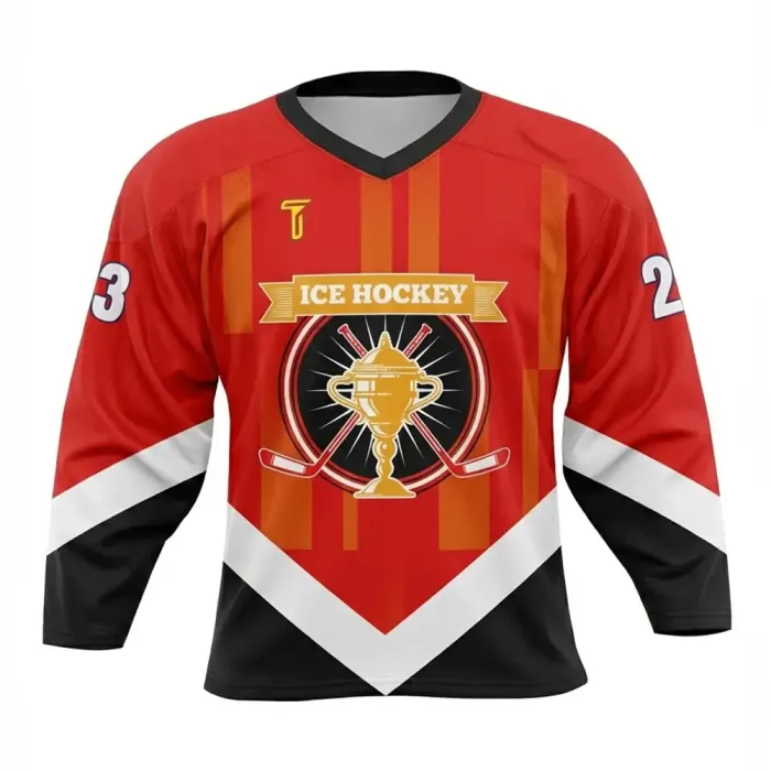 tonton red black and white custom ice hockey goalie jersey back view for custom team apparel