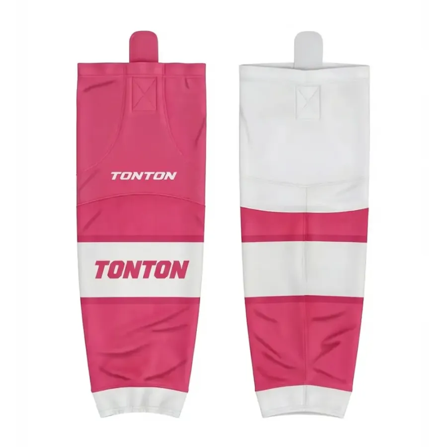 TONTON-Vibrant-Magenta- und-Weiß-gestreifte-Hockey-Socken – individuell sublimierte Trainingsbekleidung