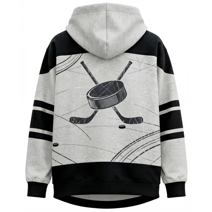 tonton custom hockey hoodie back view with grey textured design and crossed hockey sticks with puck