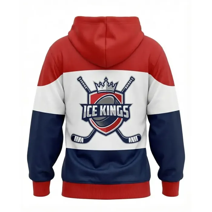 tonton custom hockey hoodie back view in red white and blue with Ice Kings shield logo