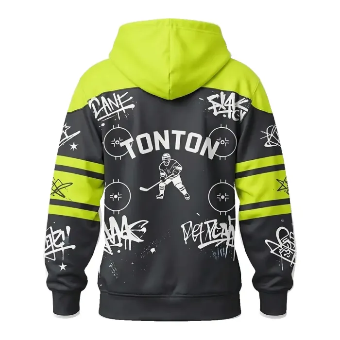 tonton custom hockey hoodie back view in neon green and black featuring urban graffiti and brand text