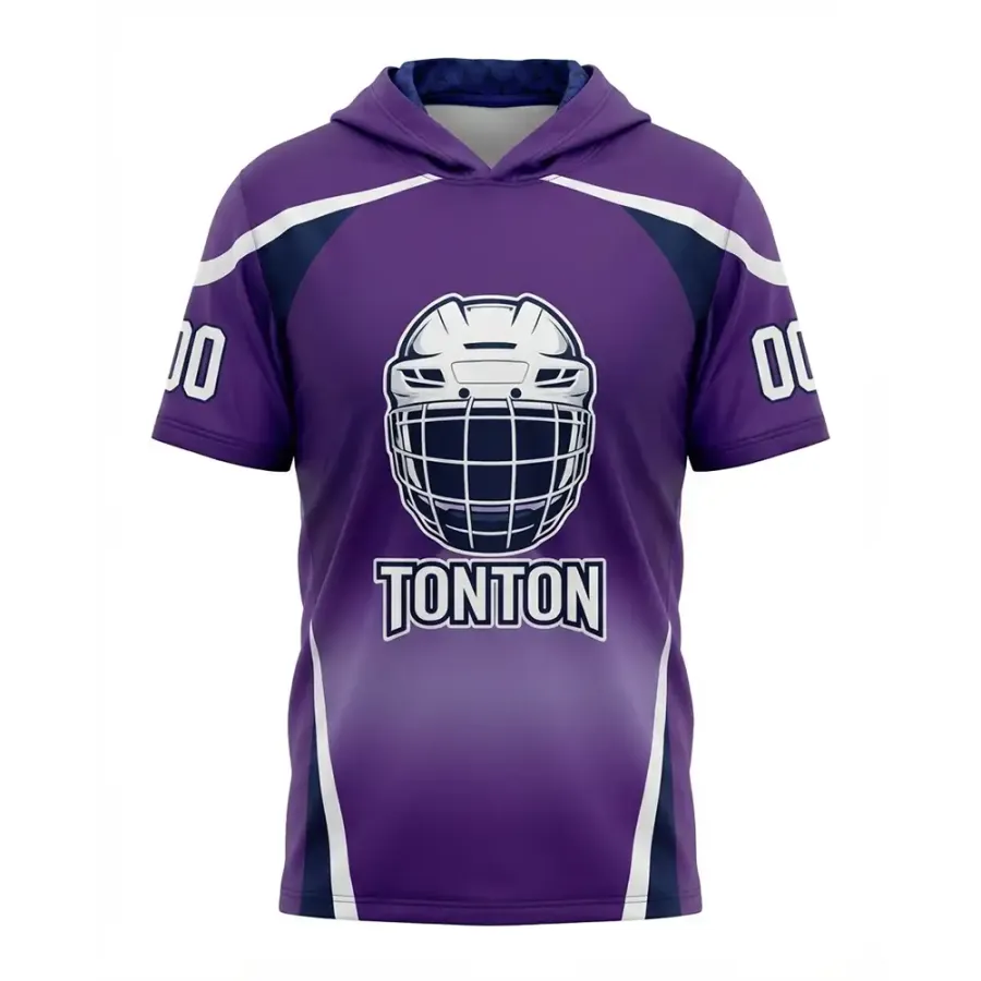 TONTON individueller lila Kurzarm-Hockey-Hoodie – Helm-Motiv im Sublimationsdruck für den Einsatz außerhalb des Eises