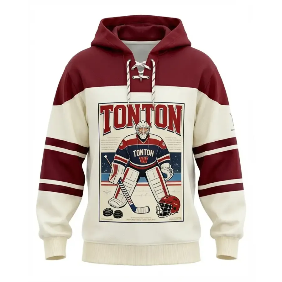 TONTON Vintage-Burgunder- und Cremefarbener Hockey-Hoodie – Retro-Torwartmaske-sublimiertes Teamwear