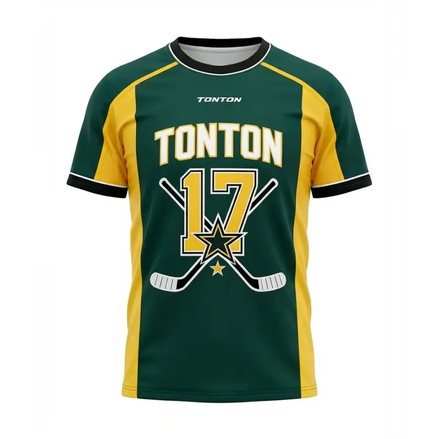 TONTON-Waldgrün-gelbes individuelles Hockey-Trainingshemd – nummerierte Team-Bekleidung