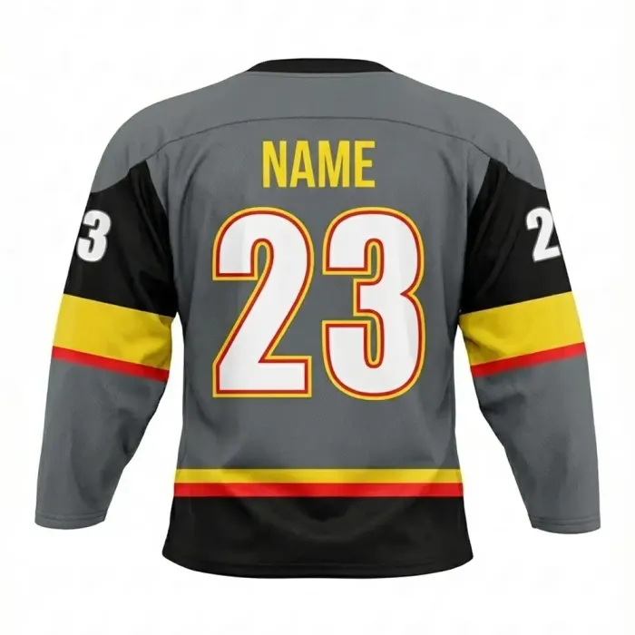 tonton grey and black custom ice hockey goalie jersey back view featuring custom name and number