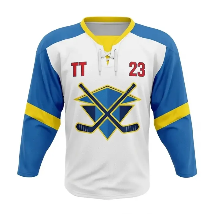 tonton white custom professional game hockey jersey front view with royal blue shoulders yellow stripes and crossed swords logo