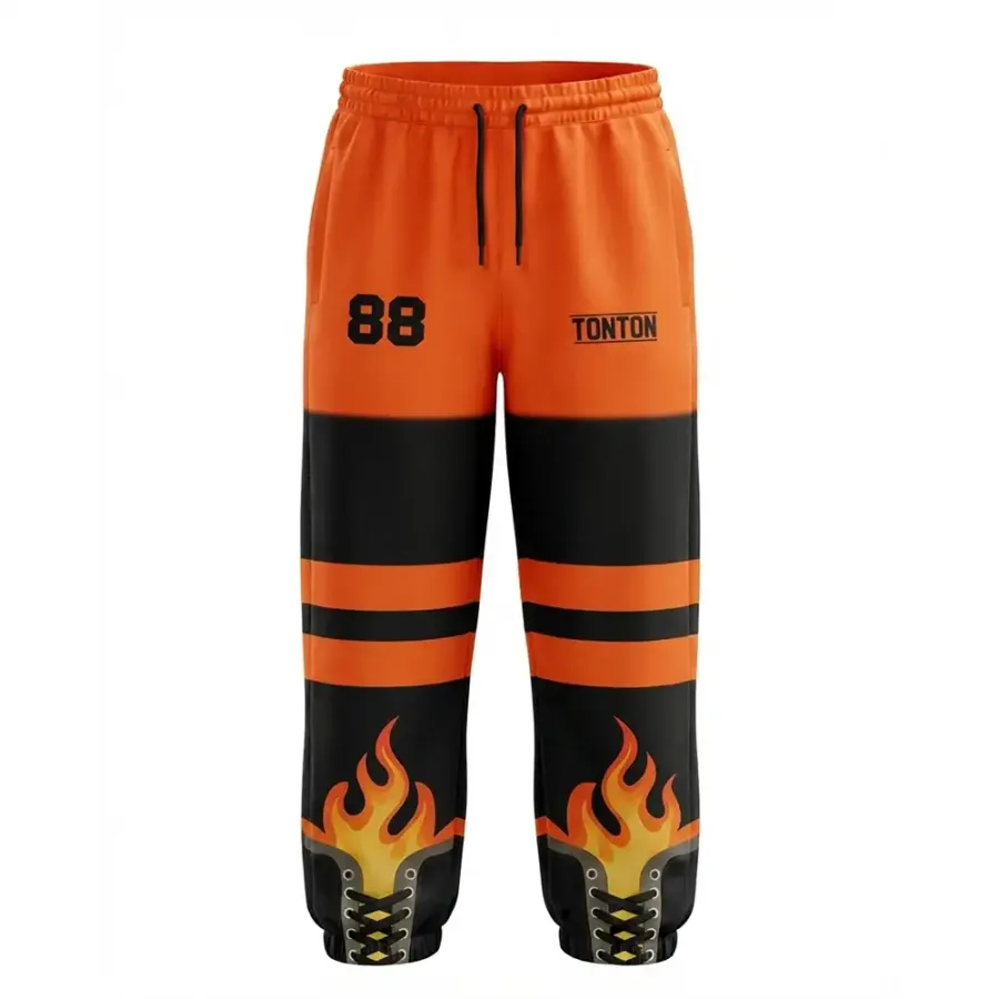 TONTON Vibrant Orange Hockey-Jogger mit Feuerflammen-Design – Auffällige, maßgeschneiderte Off-Ice-Performance-Ausrüstung