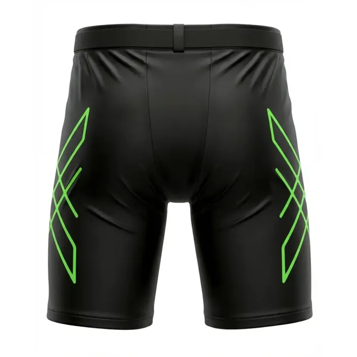 tonton black and neon green custom hockey shell pants back view with intersecting tech lines