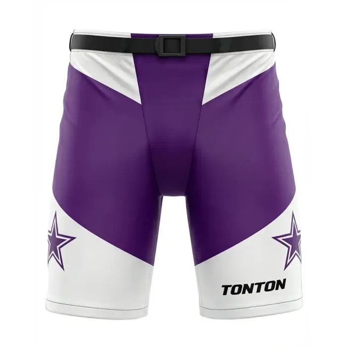 tonton purple and white custom hockey shell pants front view with star graphics sportswear