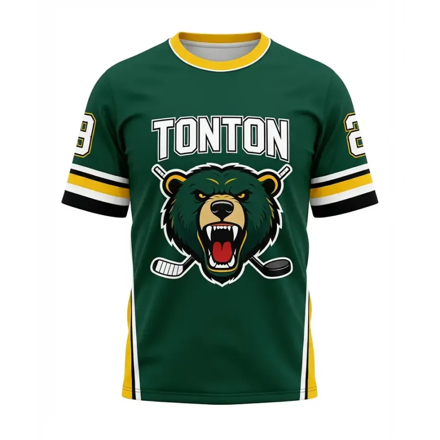 TONTON-Grizzly-Bär-Maskottchen-Hockey-Trainings-Shirt – Dunkelgrünes professionelles Off-Ice-T-Shirt