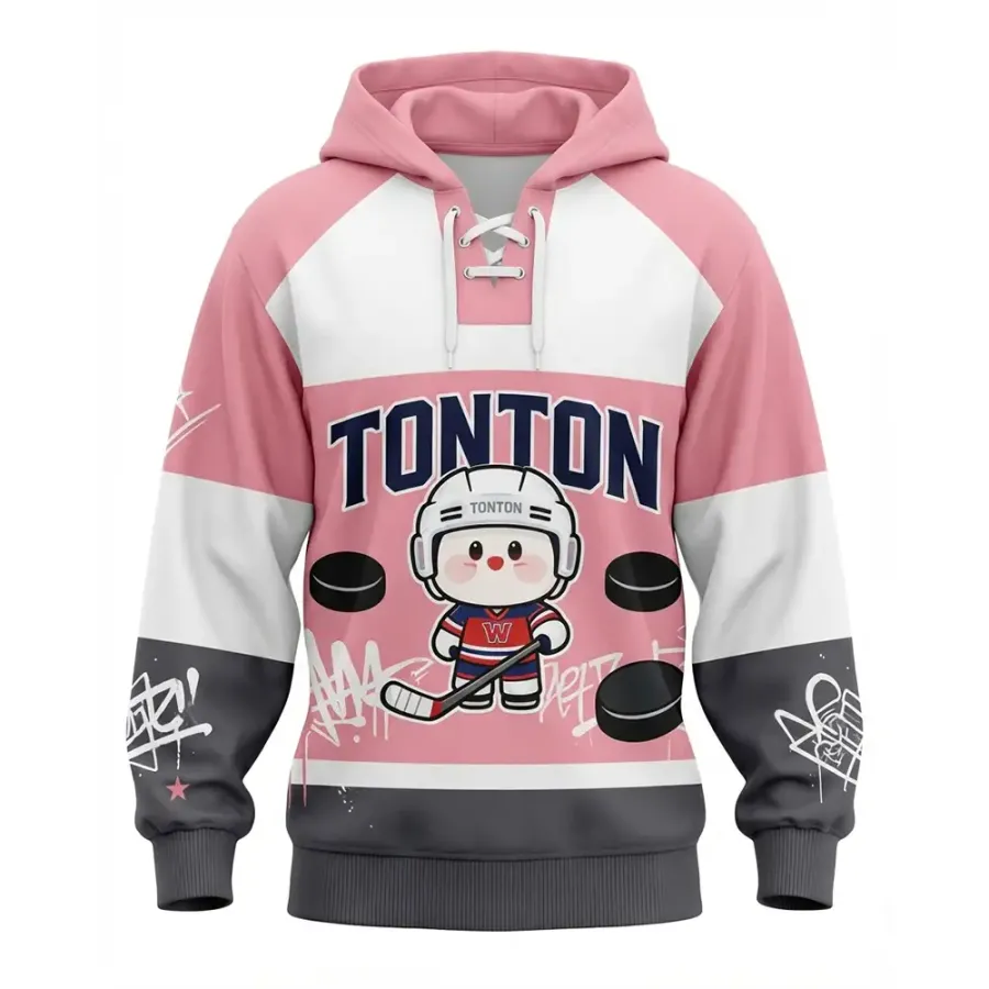 TONTON-Grafik-Hoodie in Pink und Weiß für Hockey – kreative sublimierte Off-Ice-Mode für Teams
