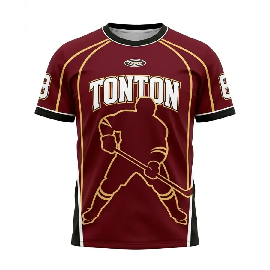 TONTON-Maroon-Hockey-Trainings-Shirt mit goldfarbenem Rand für Spieler – hochwertiges sublimiertes Performance-T-Shirt