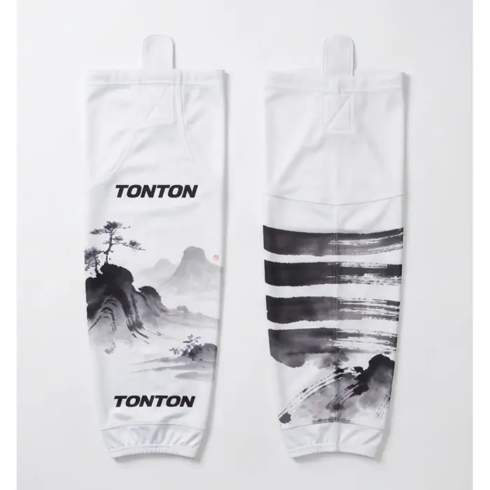 tonton white custom sublimated hockey socks front view with traditional chinese ink landscape painting